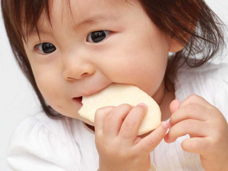赤ちゃん用せんべいを食べる赤ちゃん