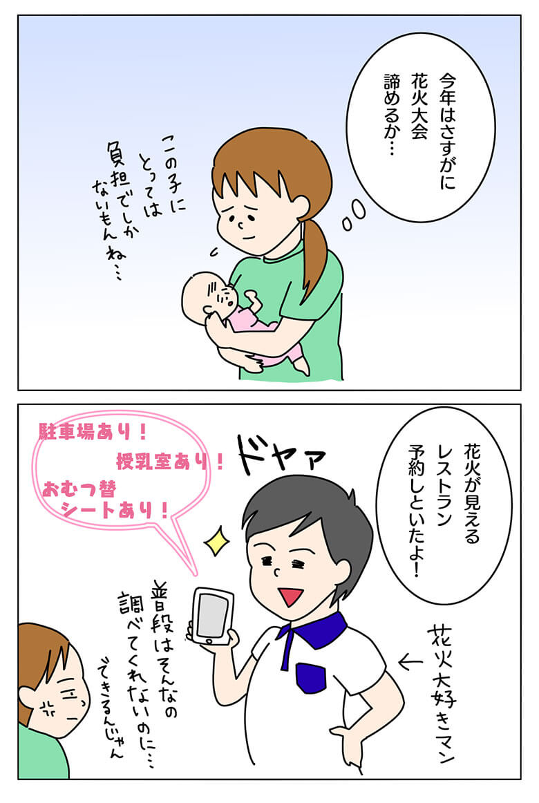 花火大会の室内観覧の子育て2コマ漫画