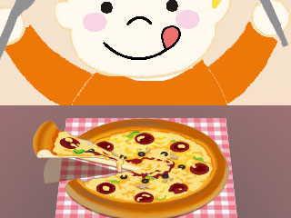 ピザを前に舌なめずりする子供