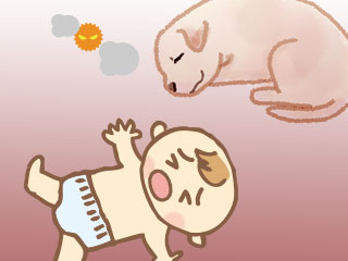 犬の傍に眠る赤ちゃん