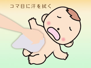 赤ちゃんの体を拭く母親の手