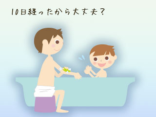 子供を湯船に入れる父親