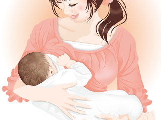 赤ちゃんに母乳を吸わせる母親