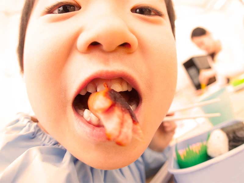 保育園で昼食のお弁当を食べている園児