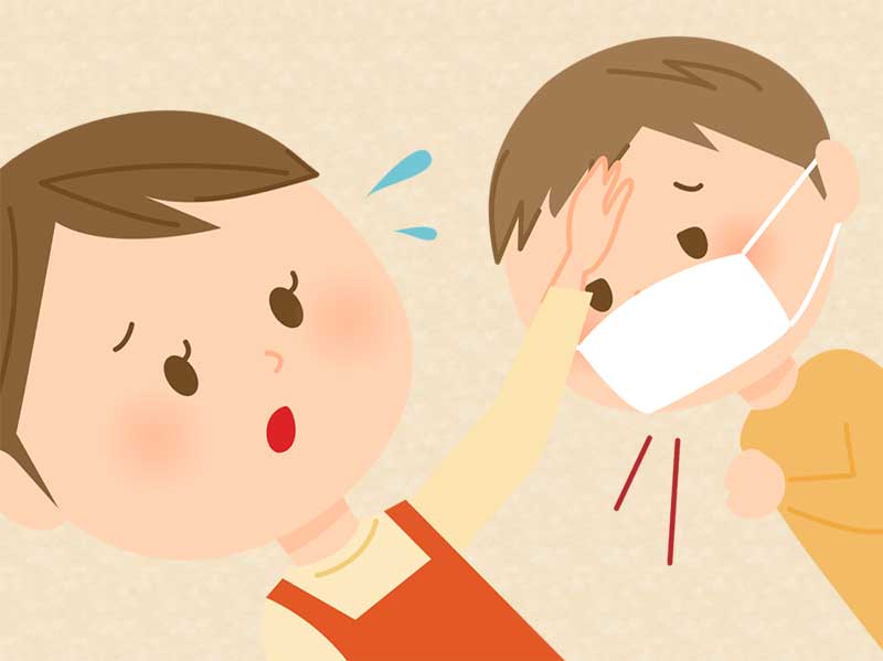 マスクをしている男の子のおでこを押さえている母親のイラスト