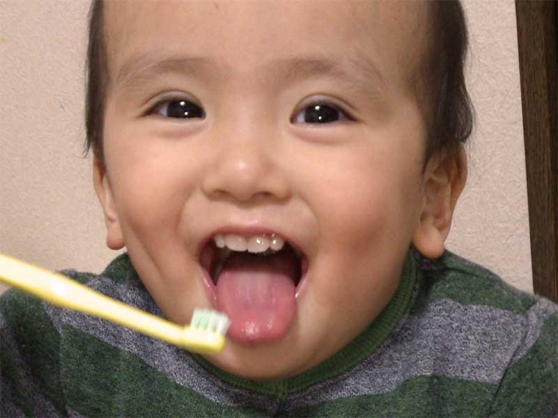 自分で歯磨きをしようとしている赤ちゃん
