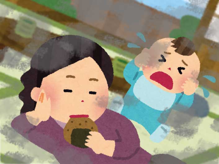 部屋が埃っぽくて泣いている新生児のイラスト