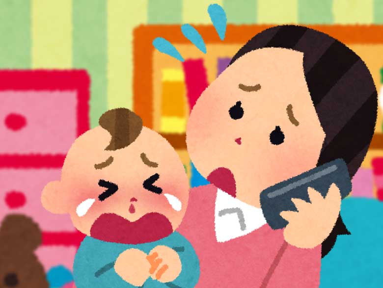 鼻血が出て泣いている新生児を抱きながら病院に電話している母親のイラスト