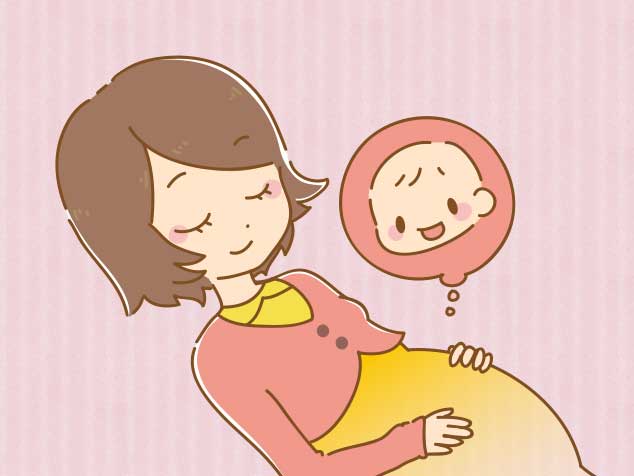 お腹に手をあてて赤ちゃんの胎動を感じているママのイラスト