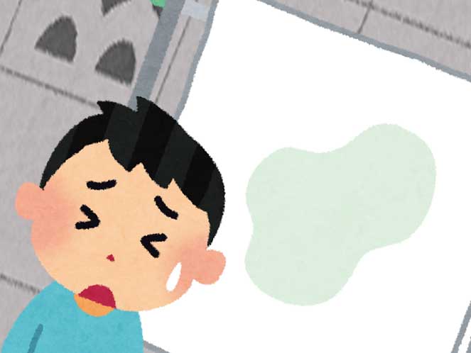 干されてるおねしょで濡れた布団と落ち込んでいる男の子のイラスト