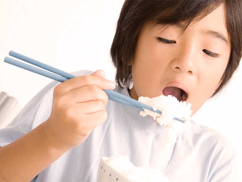 箸でご飯を食べている男の子