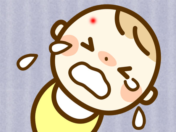 虫に刺されておでこが赤くなってて泣いてる赤ちゃんのイラスト