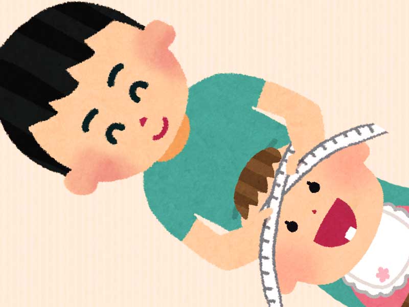 赤ちゃんの頭囲を測ってるパパのイラスト