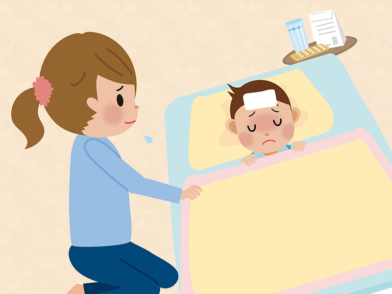 熱が出てるために布団で寝て安静にしてる子供のイラスト
