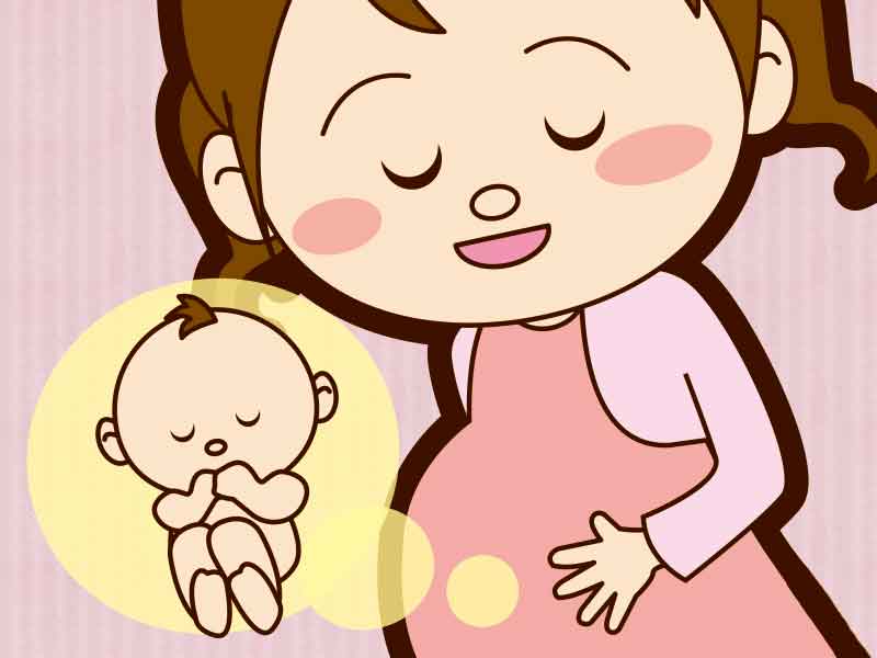 胎動でお腹の赤ちゃんのことを考えてる臨月の妊婦さんのイラスト