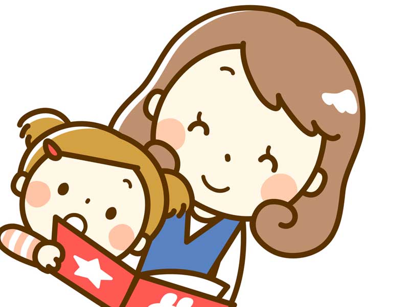 一緒に絵本を見ているお母さんと赤ちゃんのイラスト