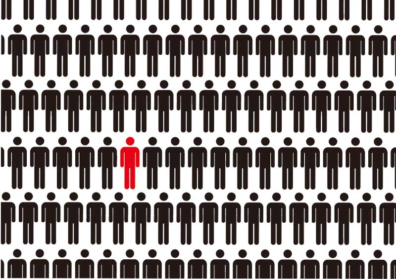 沢山黒い人の中に赤い人が一人