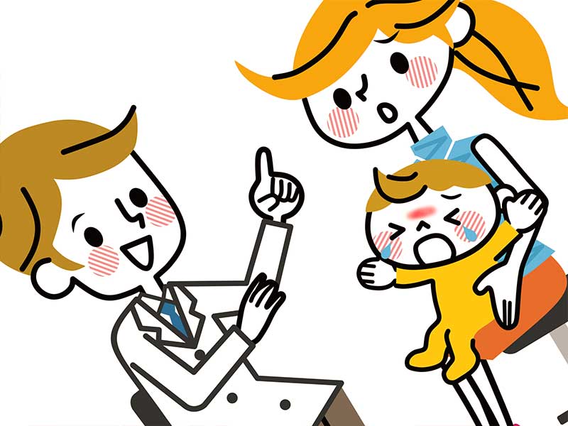 病院で医師からサーモンパッチの説明を受けてる赤ちゃんを抱いたママのイラスト