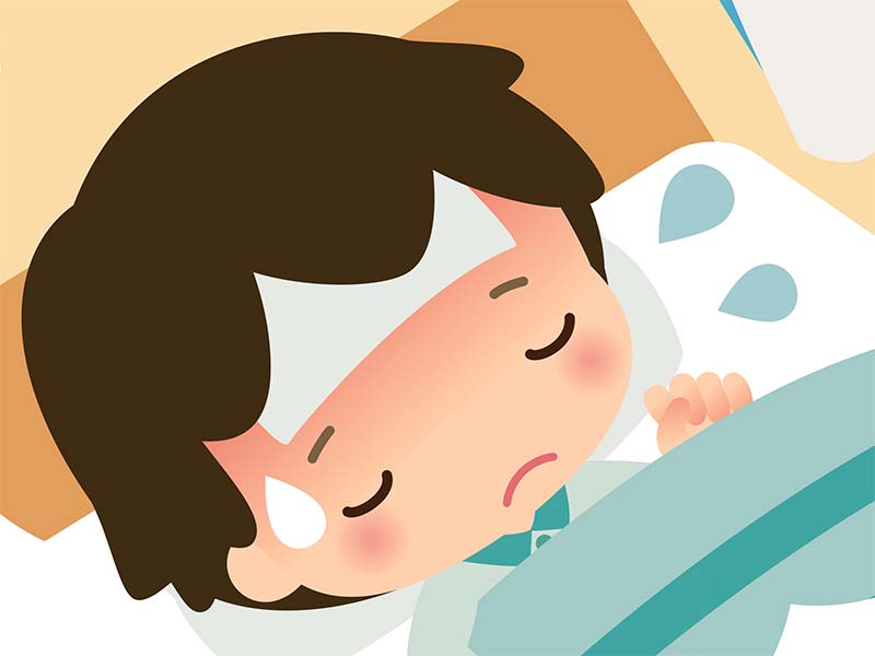 おたふく風邪と熱で寝て安静にしてる男の子のイラスト