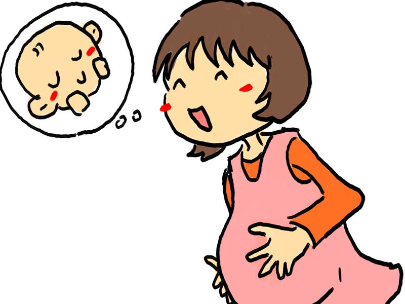 赤ちゃんを想像して喜んでいる妊婦さんのイラスト