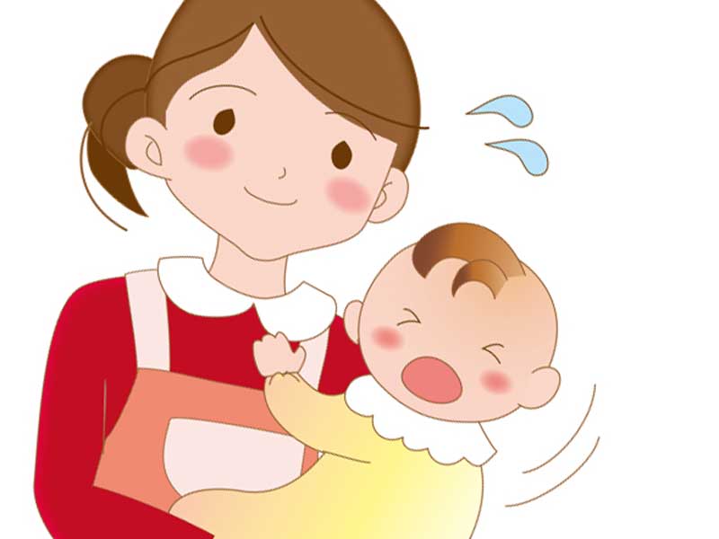 病気になった赤ちゃんを抱っこしているお母さんのイラスト