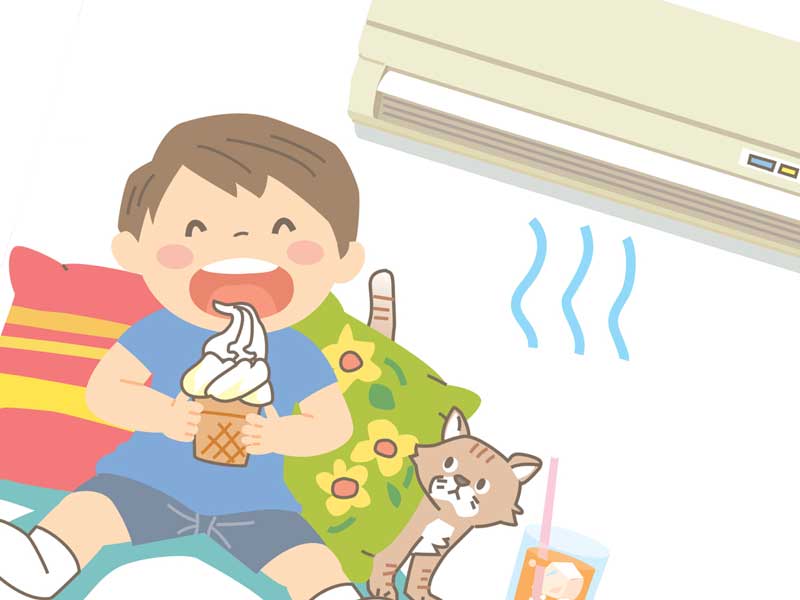 クーラーが利いてる部屋でアイスを食べる子供のイラスト