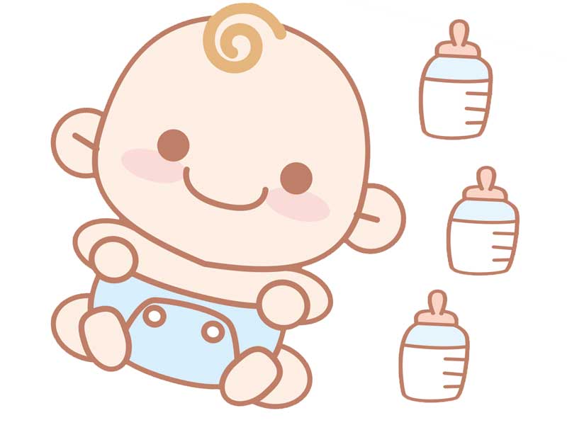 赤ちゃんと大量のミルクのイラスト