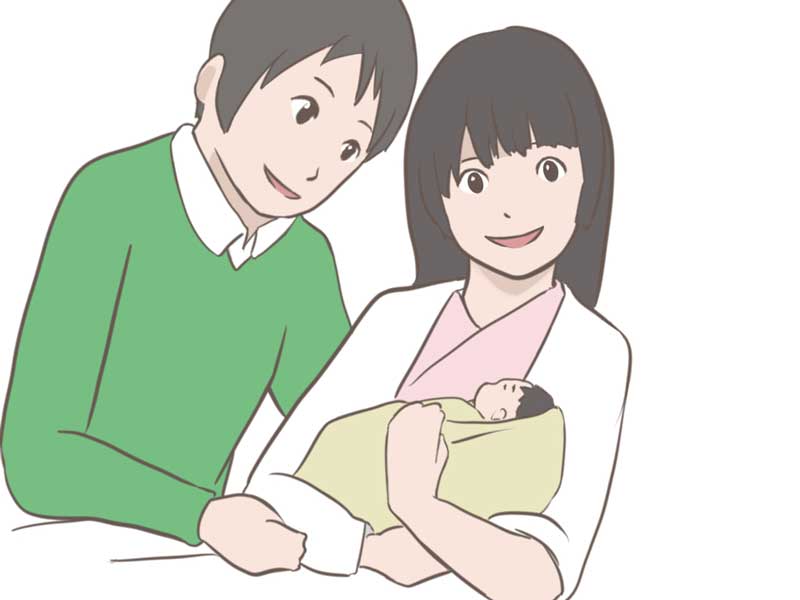 産院で出産した赤ちゃんとお母さんのイラスト