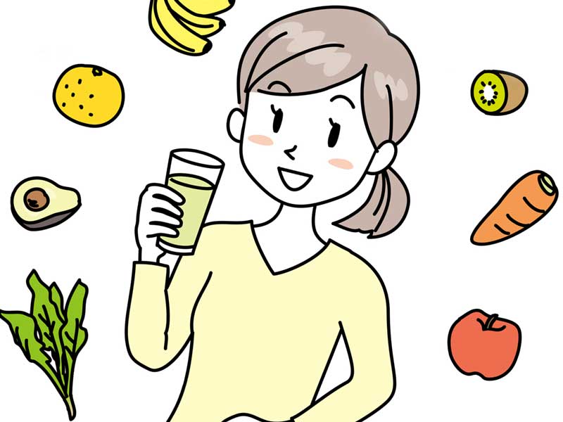 偏食無しで色んな食べ物を摂取する女性のイラスト