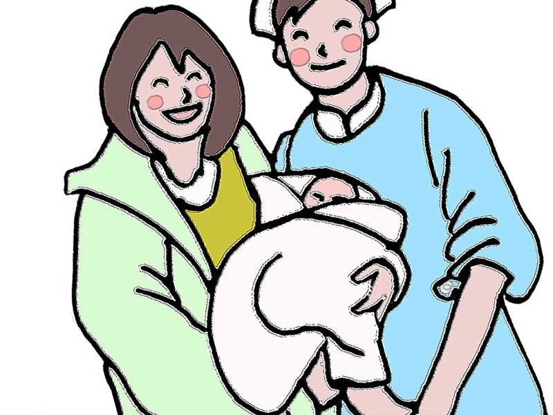 出産した赤ちゃんを抱っこして看護婦と話しするお母さんのイラスト