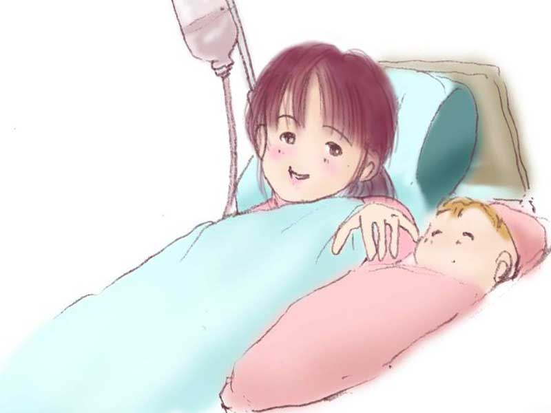 無事に生まれた赤ちゃんとお母さんのイラスト