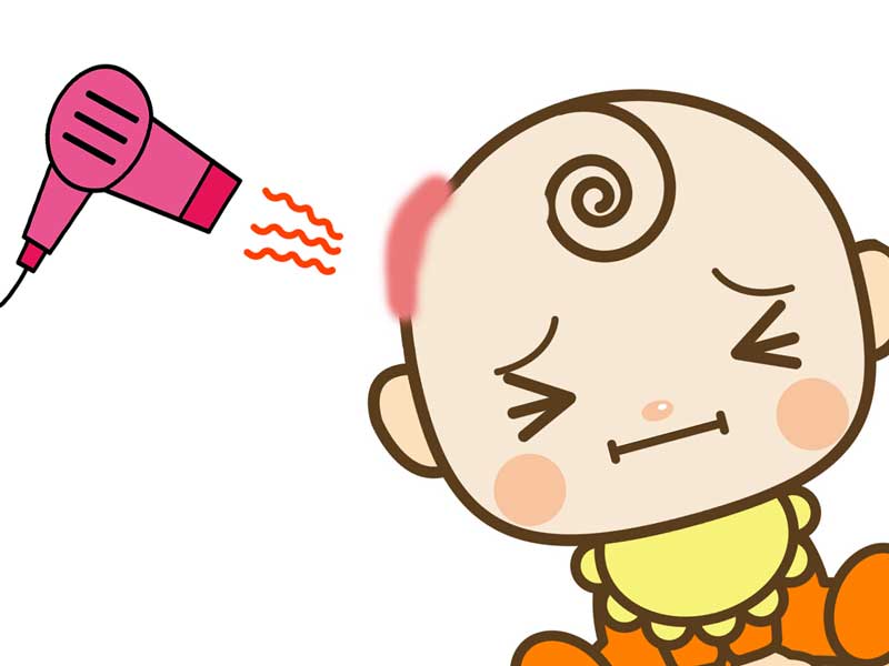ドライヤーの熱で頭を火傷している赤ちゃんのイラスト