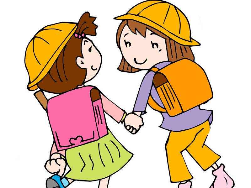 手を繋いで仲良く登校している女の子たちのイラスト