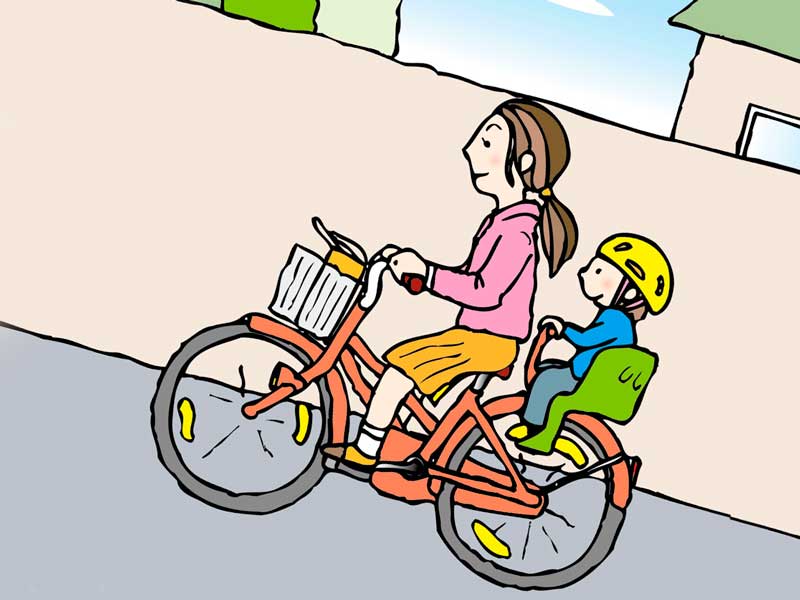 子供を自転車に乗せているお母さんのイラスト