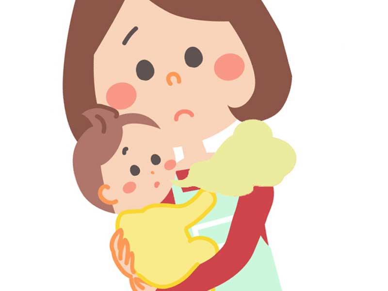 抱っこしている赤ちゃんの口臭を気にしているお母さんのイラスト