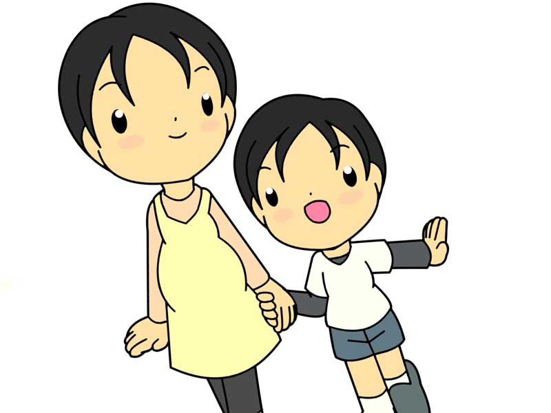 子供と一緒に散歩をしているお母さんのイラスト
