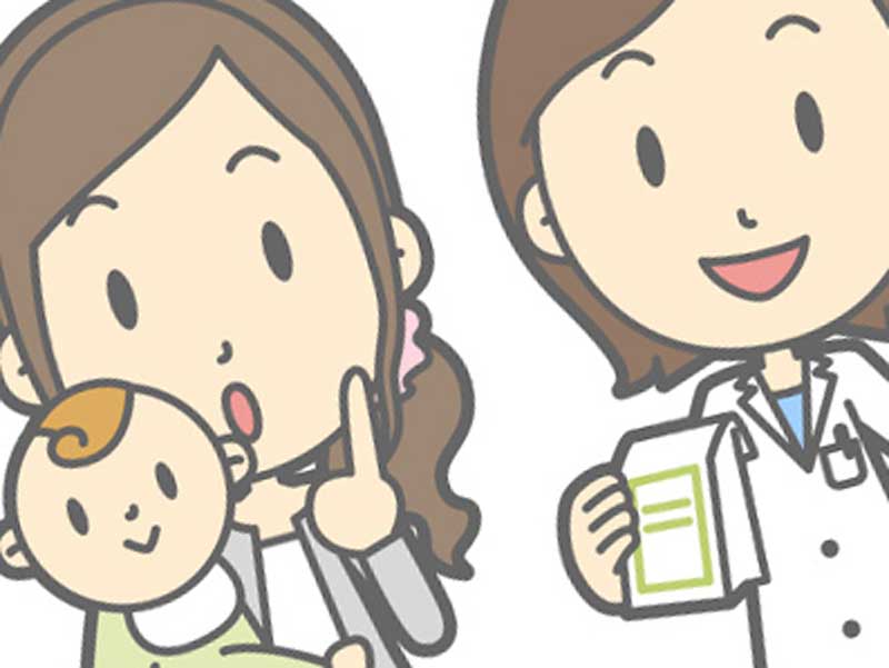 赤ちゃんを連れて医師と相談するお母さんにイラスト