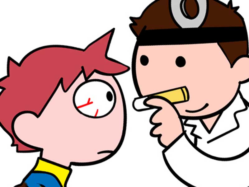 眼科を受診してる目が充血した男の子のイラスト