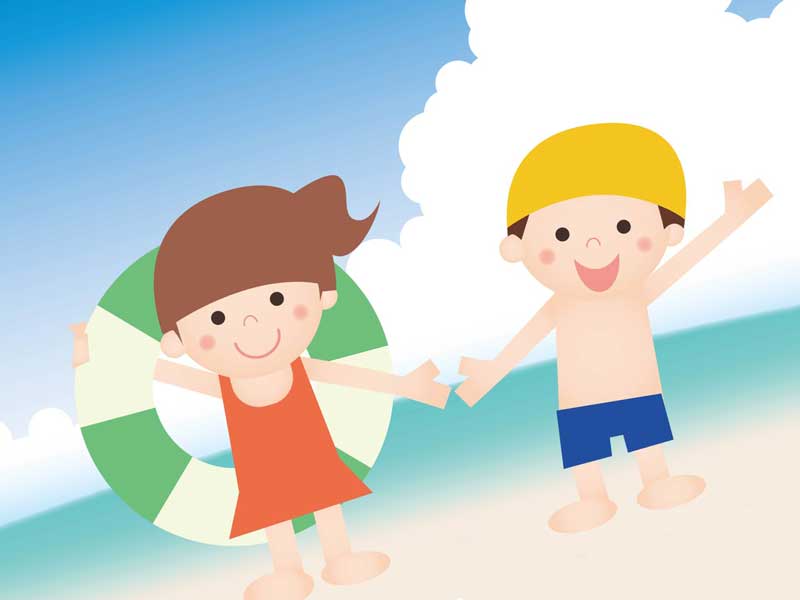海辺で遊んでいる子供達のイラスト