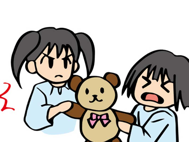 おもちゃの奪い合いで喧嘩をしている子供達のイラスト