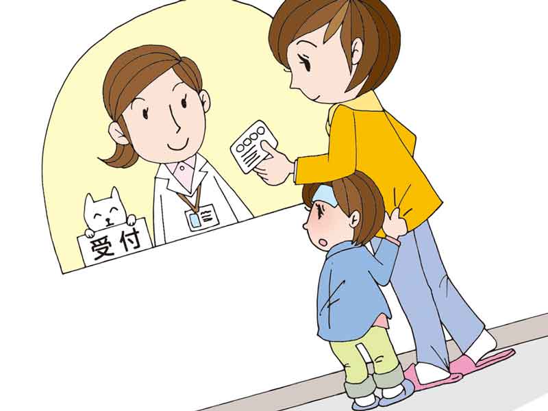 子供を連れて病院の受付にいるお母さんのイラスト