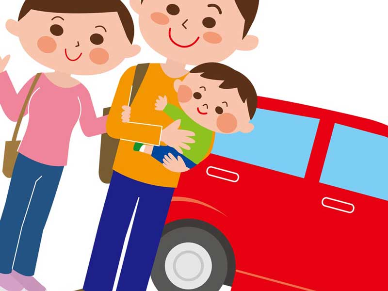 赤ちゃんを連れて旅行する家族のイラスト