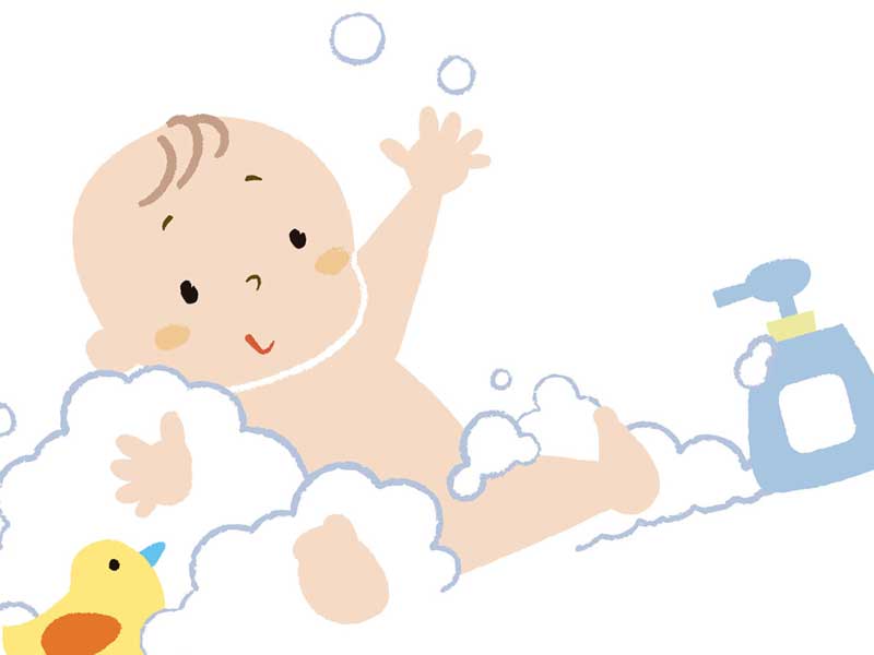 赤ちゃん用ボディソープで泡まみれになっている赤ちゃんのイラスト