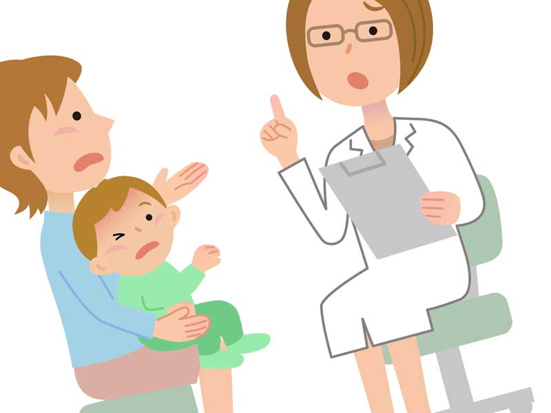 小児科で診察を受けている子供のイラスト
