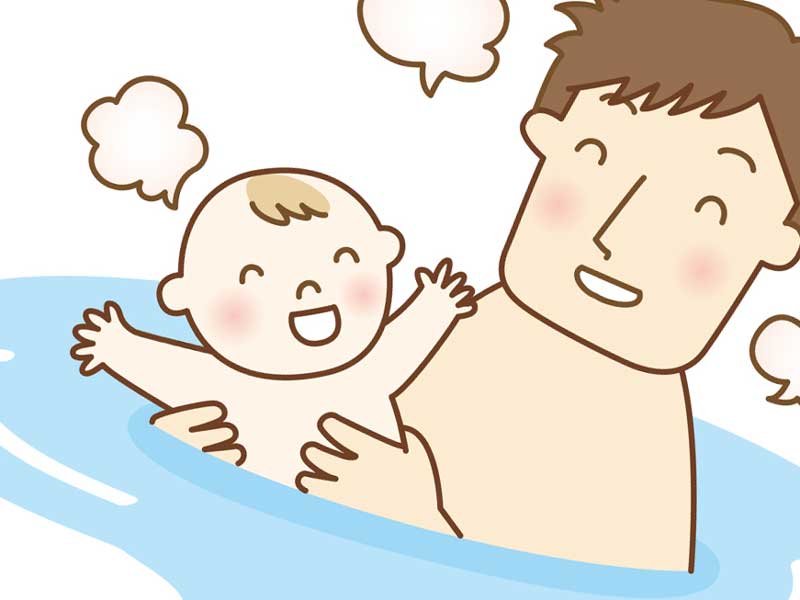 パパと一緒にお風呂に入る赤ちゃんのイラスト