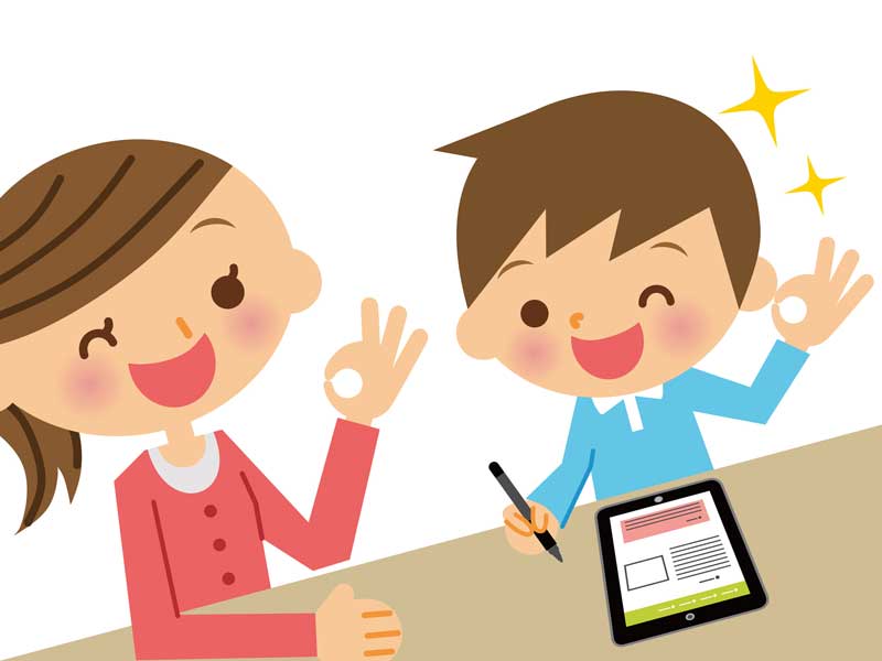母親と一緒にアプリを使って勉強している男の子のイラスト