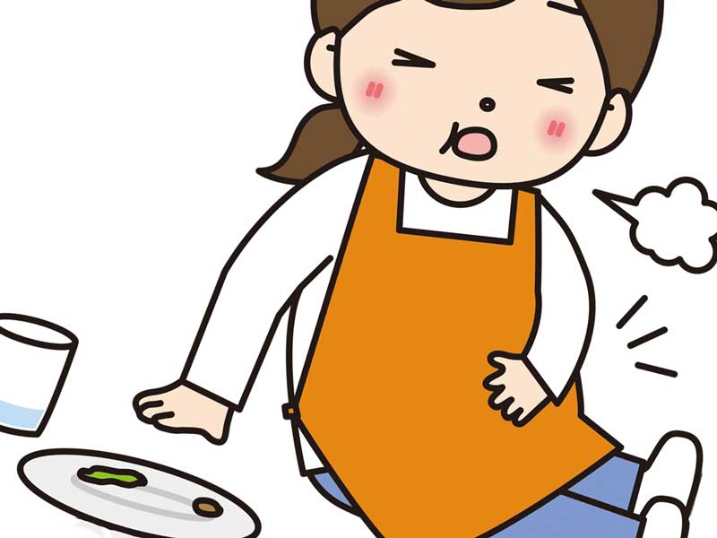 食べ過ぎてお腹をおさえている妊婦さんのイラスト
