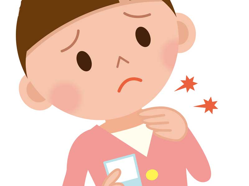 扁桃腺炎で喉を触っている子供のイラスト