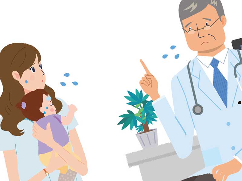 赤ちゃんを連れて病院を受診するお母さんのイラスト