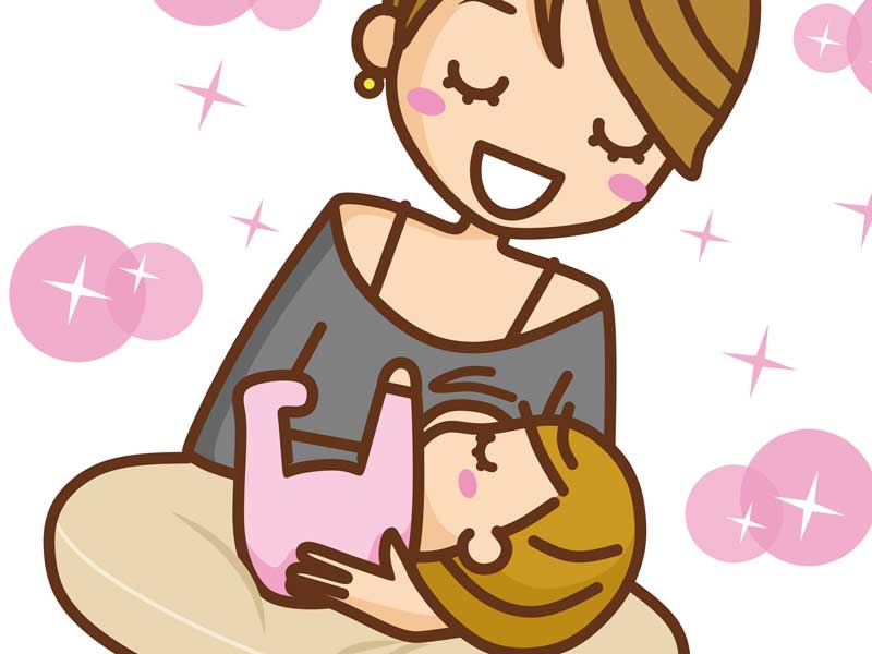 赤ちゃんに楽しく授乳をしているママのイラスト
